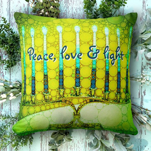 Green Hanukkah Menorah Peace Love Light Script Throw Pillow