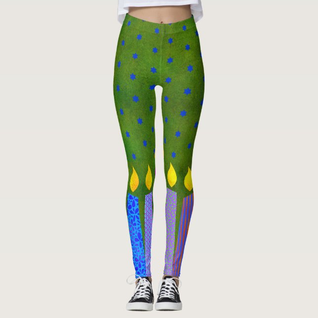 Green Hanukkah Pattern Candles Blue Star of David Leggings (Front)