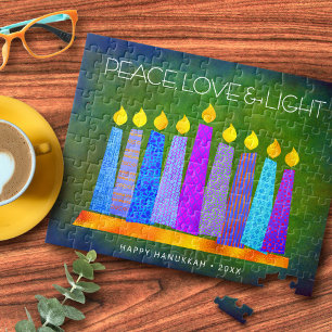 Green Hanukkah Peace Love Light Bold Boho Candles Jigsaw Puzzle