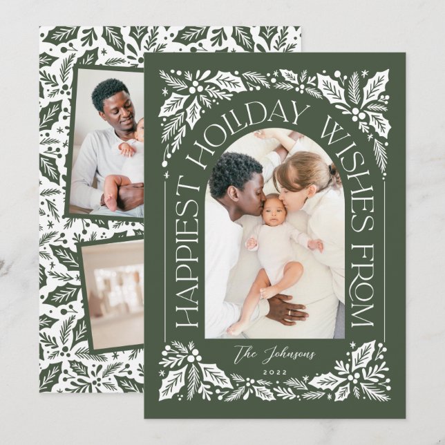 Green Happiest Wishes Arch Berry 3 Photo Collage Holiday Card (Front/Back)