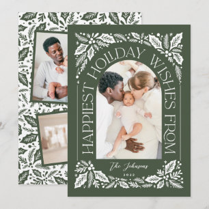 Green Happiest Wishes Arch Berry 3 Photo Collage Holiday Card
