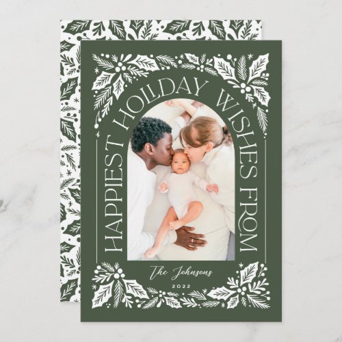 Green Happiest Wishes Arch Berry 3 Photo Collage Holiday Card