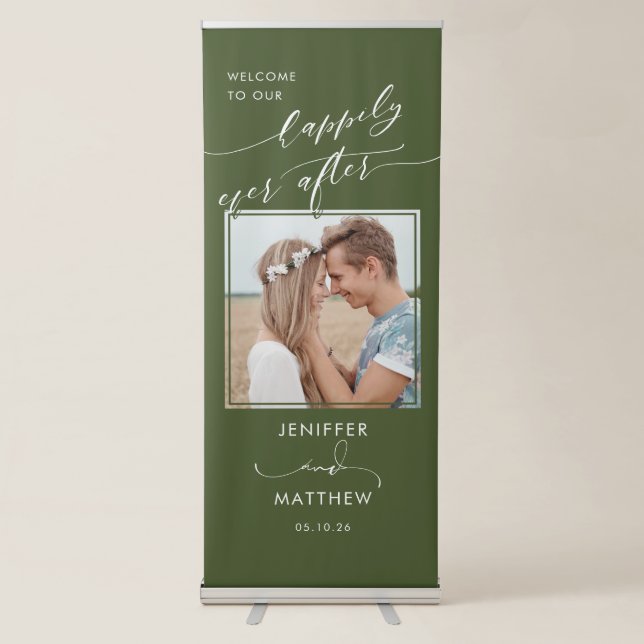 Green Happily Ever After Photo Welcome Wedding Retractable Banner (Front)