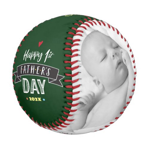 Green Happy 1st Fathers Day Photo Bold Typography Baseball