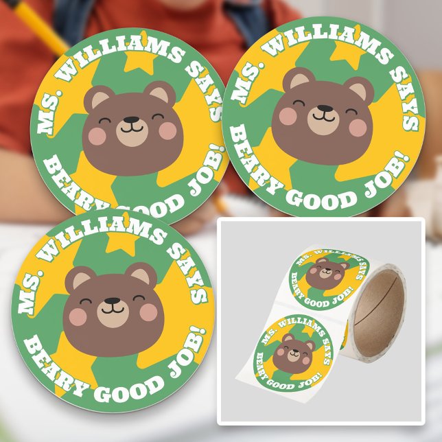 Green Happy Bear Teacher Says Beary Good Job Classic Round Sticker (Creator Uploaded)