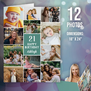Green Happy Birthday 12 Photo Collage Big Card