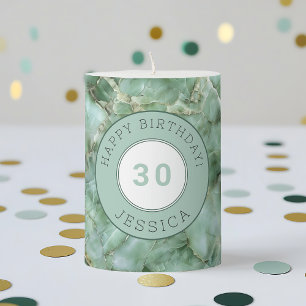 Green Happy Birthday 30th Gemstone Custom Name Pillar Candle