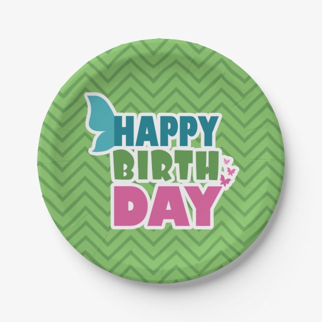 Green happy birthday spring butterfly paper plate (Front)