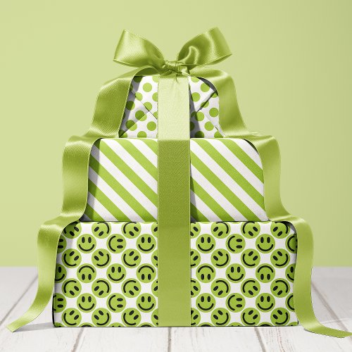 Green Happy Face Stripes And Polka Dot Wrapping Paper Sheets