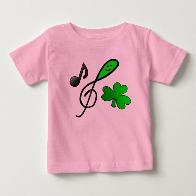Green Happy Face Treble Clef Music Note & Shamrock Baby T-Shirt (Front)