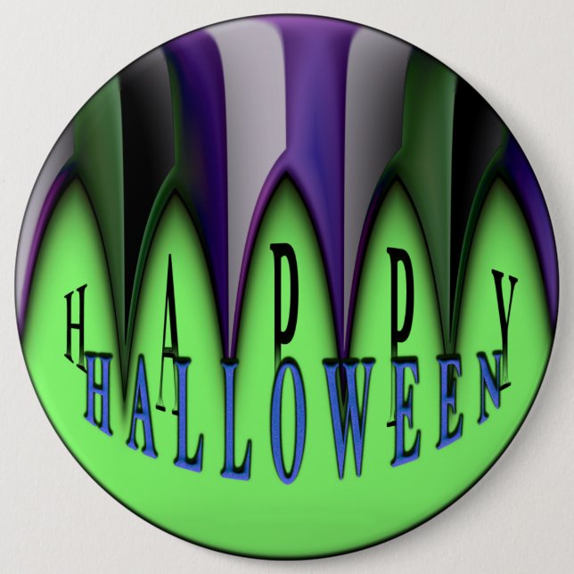 Green Happy Halloween Striped Fangs Pinback Button (Front)
