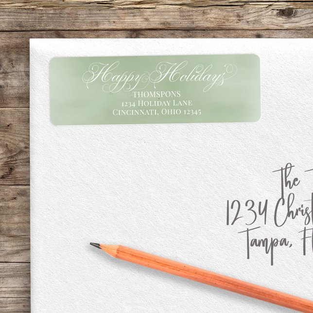 Green Happy Holiday Calligraphy Script Custom Label (Happy Holiday custom green return address label. )