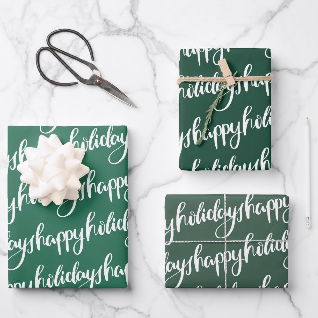 green happy holidays festive script fun wrapping paper sheets (Front)