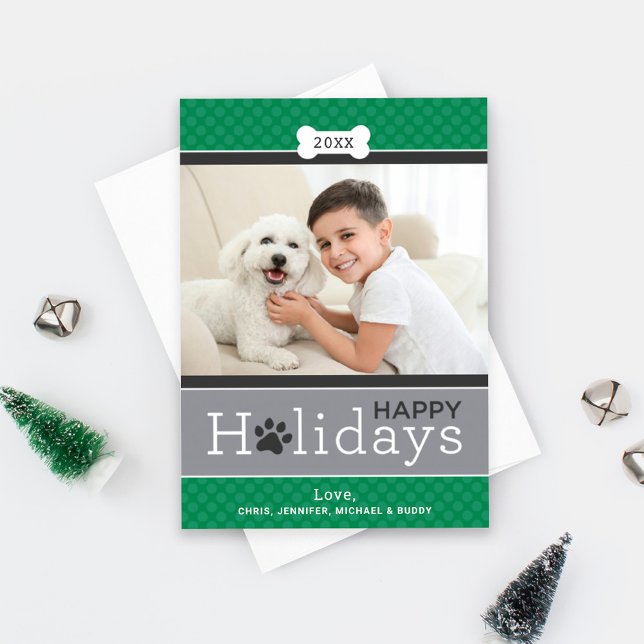 Green Happy Holidays Photo Dog Paw Print Holiday Card (Creator Uploaded)