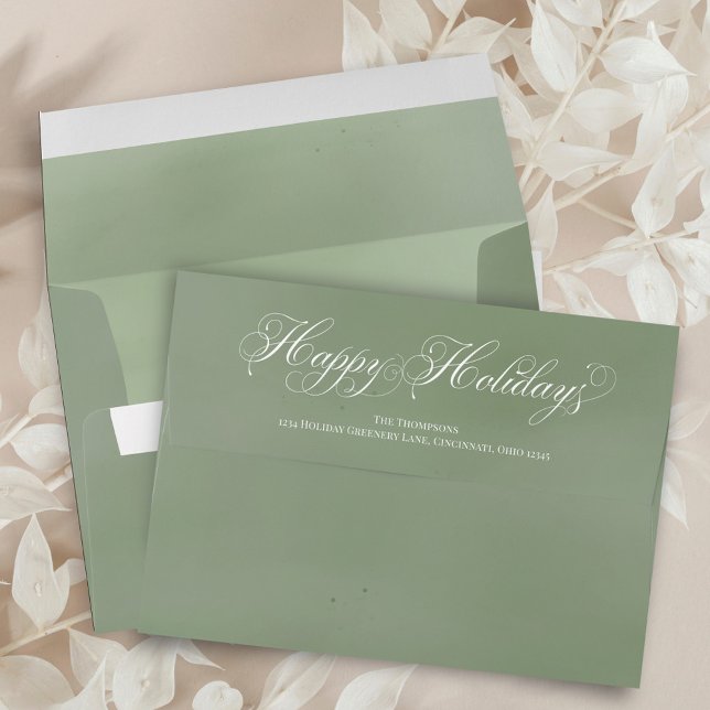 Green Happy Holidays Script Return Address Envelope (Happy Holidays calligraphy script green envelope)