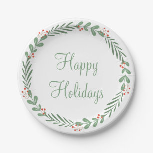 Green Happy Holidays Script Wreath Berry Leaves Paper Plates