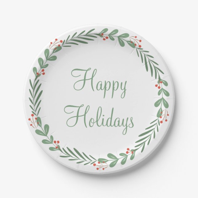 Green Happy Holidays Script Wreath Berry Leaves Paper Plates (Front)