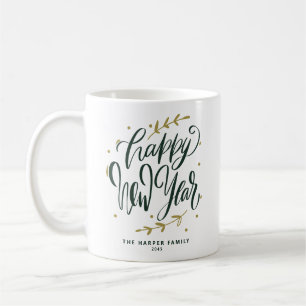 Green Happy New Year Modern Calligraphy Wreath Coffee Mug