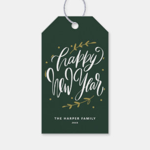 Green Happy New Year Modern Calligraphy Wreath Gift Tags