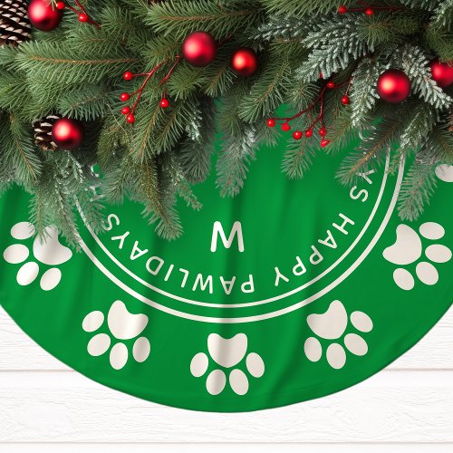 Green Happy Pawlidays Paw Print Pet Christmas Brushed Polyester Tree Skirt