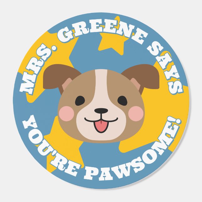 Green Happy Puppy Teacher Says You're Awesome! Classic Round Sticker (Single)
