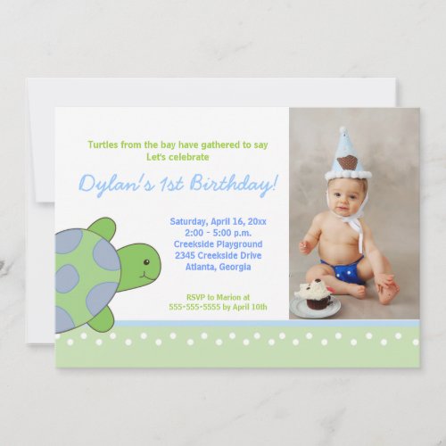 Green Happy Sea Turtle Birthday Invitation 5x7