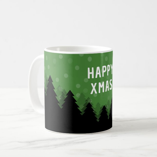 Green Happy Xmas mug with forest, trees and snow (Front Left)