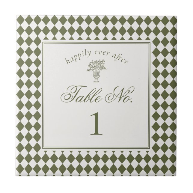 Green Harlequin Checkered Wedding Table Number Ceramic Tile (Front)
