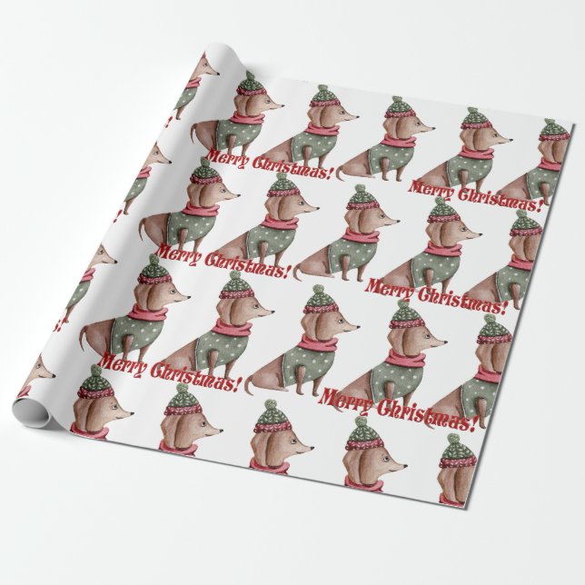 Green Hat and Sweater Dachshund Christmas wrapping Wrapping Paper (Unrolled)
