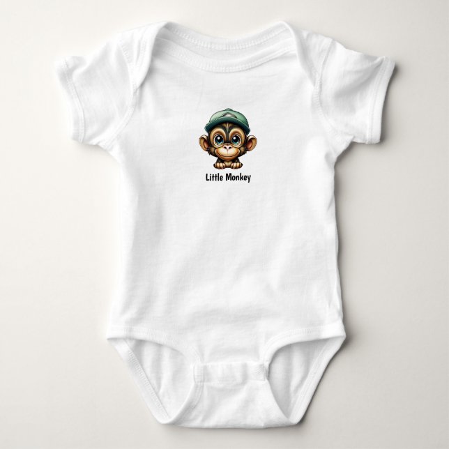 Green Hat on Cute Cartoon Baby Monkey Baby Bodysuit (Front)