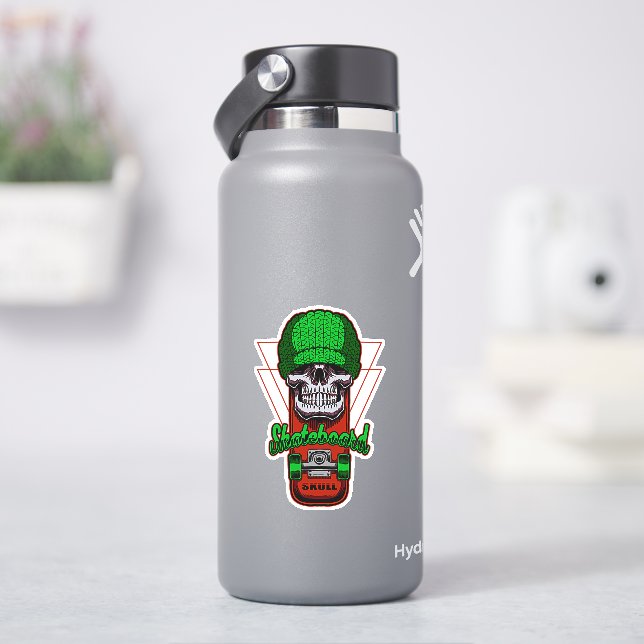 Green Hat Skull Brown Skateboard 4" Kiss Cut Vinyl Sticker (HydroFlask)