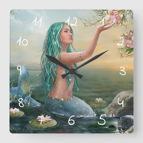 green have mermaid square wall clock