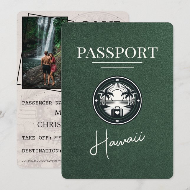 Green Hawaii Passport Save The Date (Front/Back)