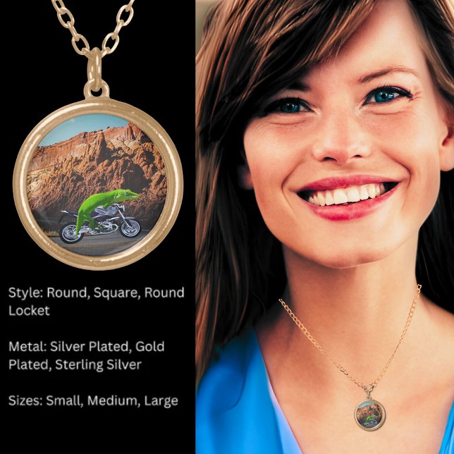 Green Hawaiian Gecko on Motorcycle in Desert Gold Plated Necklace (Green Hawaiian Gecko on Motorcycle in Desert Gold Plated Necklace)