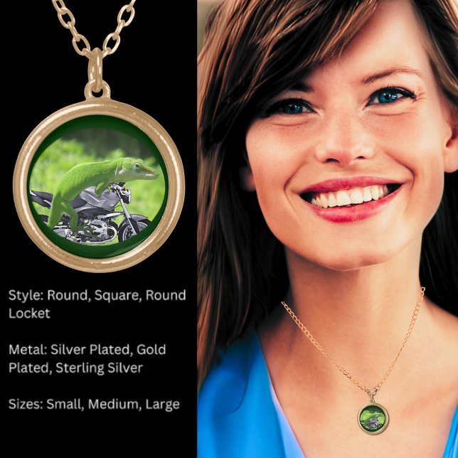 Green Hawaiian Gecko Rider Gold Plated Necklace (Green Hawaiian Gecko Rider Gold Plated Necklace)