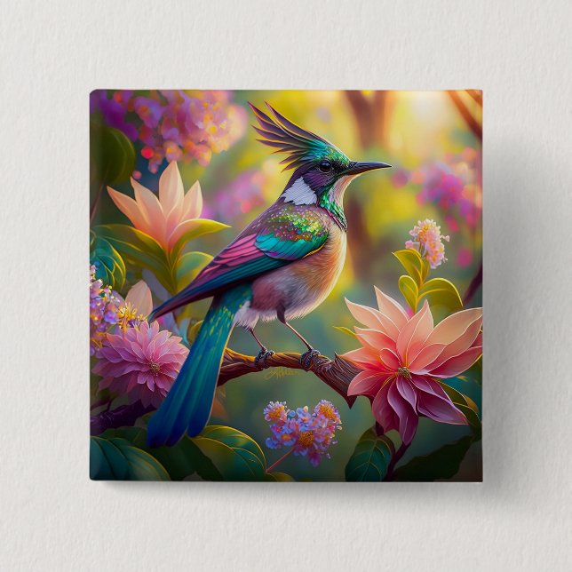 Green Headed Jay Fantasy Bird Button (Front)