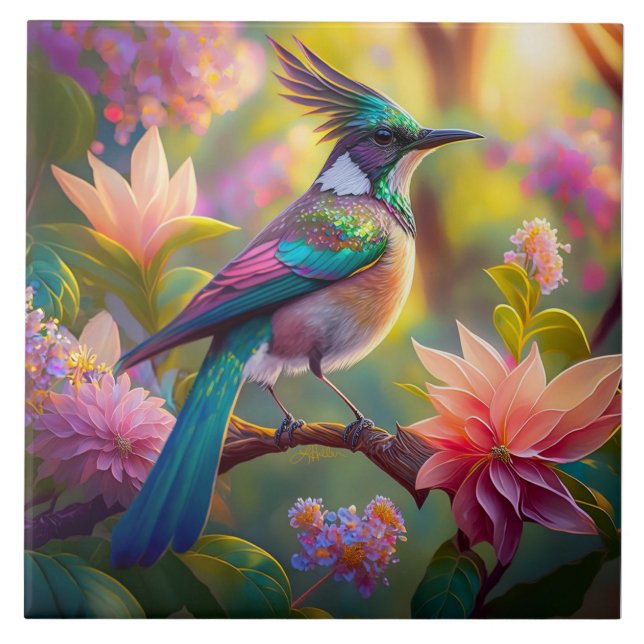 Green Headed Jay Fantasy Bird Ceramic Tile (Front)