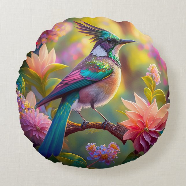Green Headed Jay Fantasy Bird Round Pillow (Front)