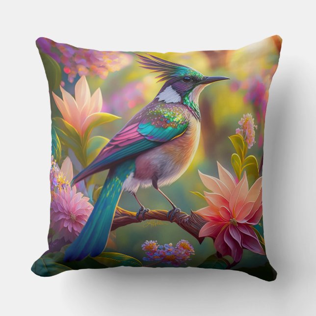 Green Headed Jay Fantasy Bird Throw Pillow (Front)