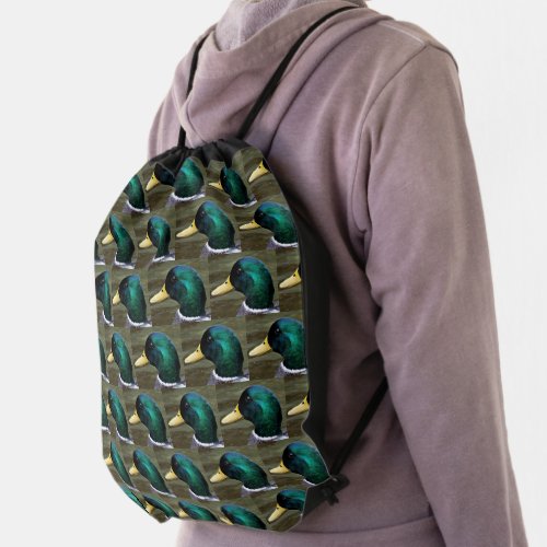 Green Headed Mallard Duck Pattern Drawstring Bag