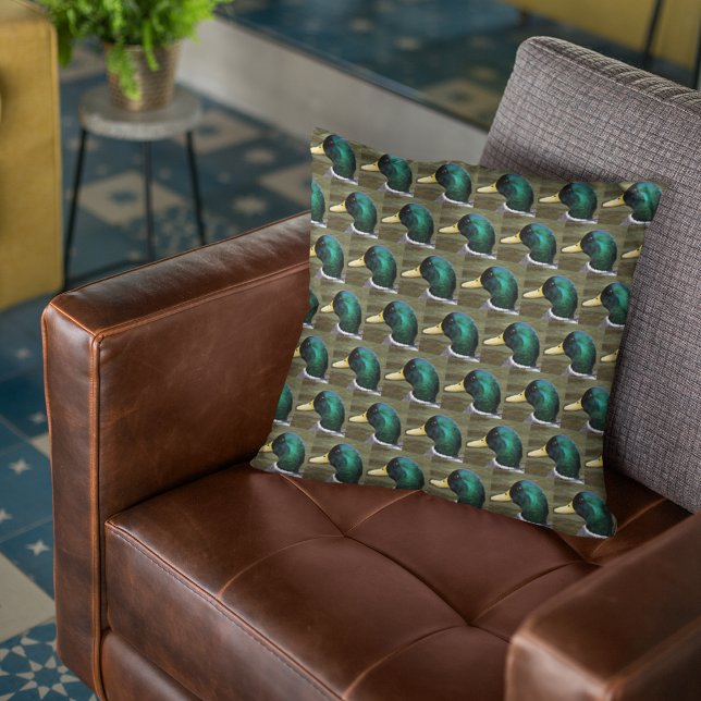 Green Headed Mallard Duck Pattern Throw Pillow (In Situ (Chair))