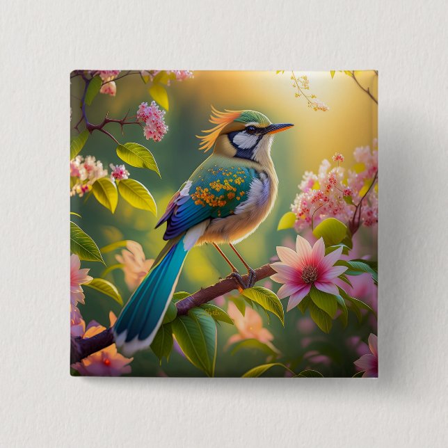 Green Headed Teal Winged Fantasy Bird Button (Front)