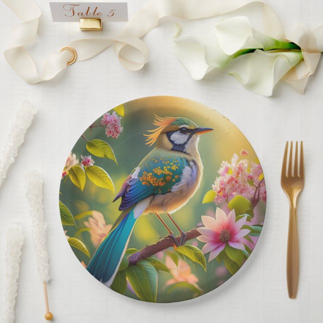 Green Headed Teal Winged Fantasy Bird Paper Plates (Wedding)