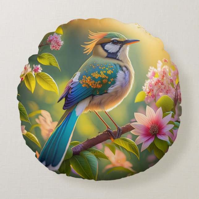 Green Headed Teal Winged Fantasy Bird Round Pillow (Front)