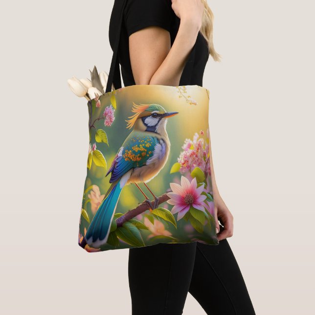 Green Headed Teal Winged Fantasy Bird Tote Bag (Close Up)