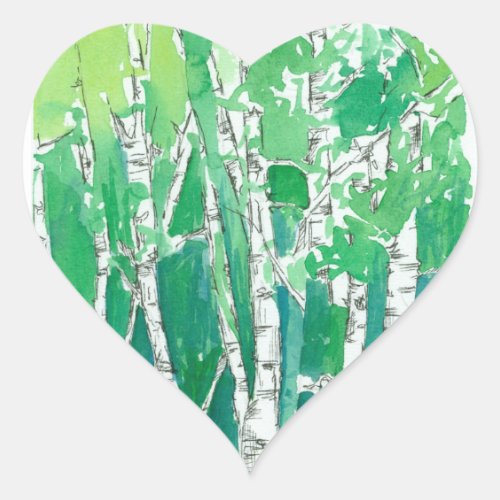 Green Heart Aspen Trees Pen and Ink Art Heart Sticker