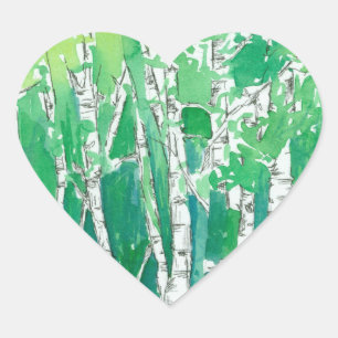 Green Heart Aspen Trees Pen and Ink Art Sticker