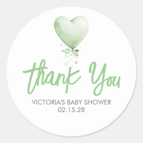 Green Heart Balloon Baby Shower Thank You Classic Round Sticker