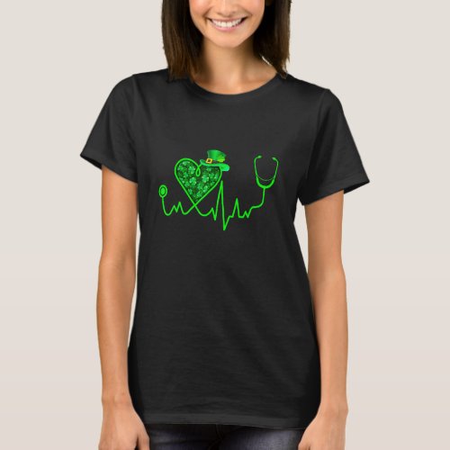 Green Heart Beat Shamrock Stethoscope St Patrick   T_Shirt