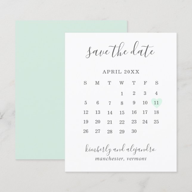 Green Heart Calender Budget Wedding Save the Date (Front/Back)